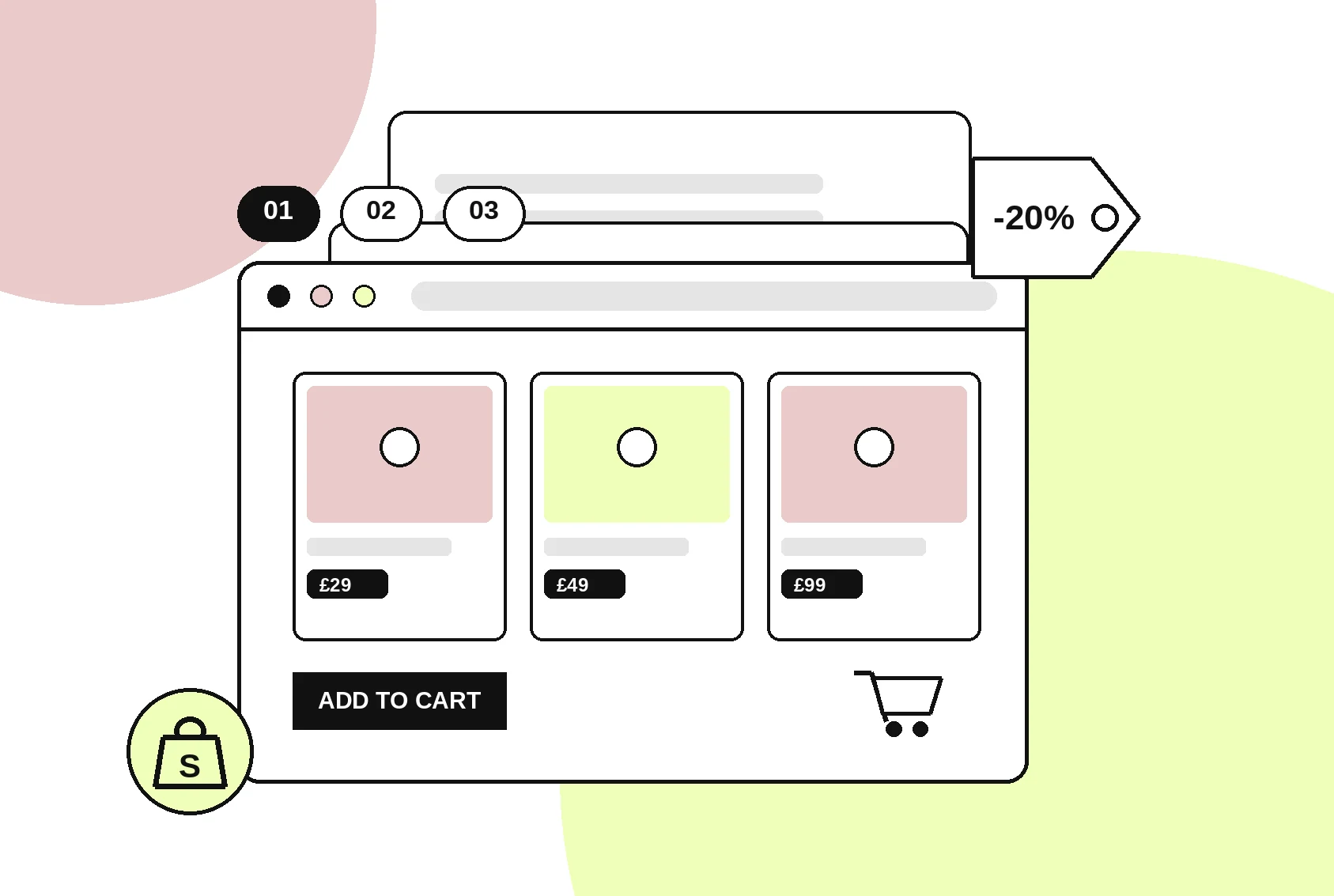 Shopify store setup illustration for UK businesses launching a first online shop with product pages and secure checkout