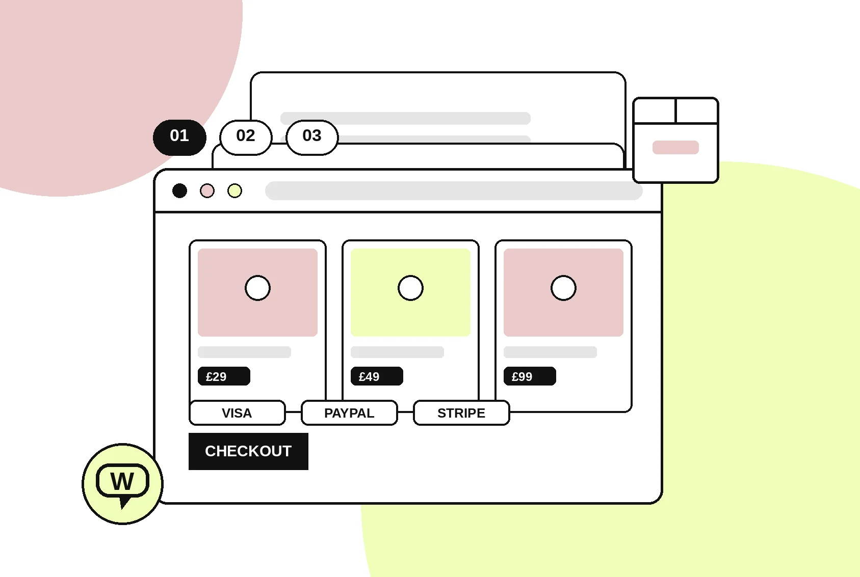 WooCommerce development illustration showing an online shop with Stripe and PayPal payment integration for UK small businesses