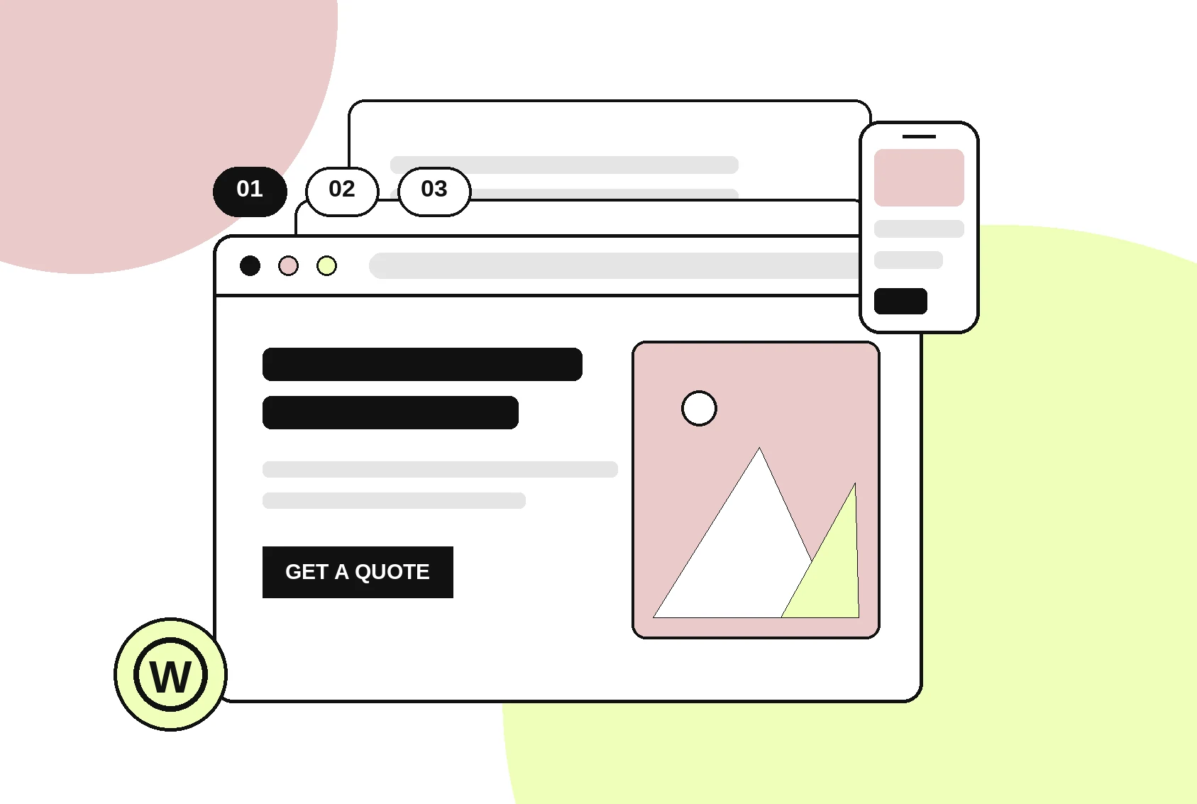 Illustration of a 3 page WordPress website design for UK small businesses, showing a lead generation homepage layout with mobile optimised view